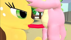 Size: 1024x575 | Tagged: explicit, artist:undeadponysoldier, applejack, spike, 3d, bedroom eyes, blowjob, dragon, earth pony, female, foalcon, freckles, g4, gmod, imported from derpibooru, interspecies, male, mare, nudity, oral, penis, pony, sex, ship:applespike, shipping, straight