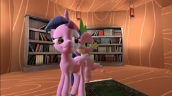 Size: 1024x575 | Tagged: questionable, artist:undeadponysoldier, spike, twilight sparkle, 3d, ambiguous penetration, bedroom eyes, book, bookshelf, carpet, dragon, female, foalcon, g4, gmod, golden oaks library, imported from derpibooru, interspecies, lantern, male, mare, penetration, pony, sex, ship:twispike, shipping, softcore, straight, unicorn, unicorn twilight
