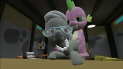 Size: 1024x575 | Tagged: questionable, artist:undeadponysoldier, silver spoon, spike, 3d, anal, bedroom eyes, doggy style, dragon, dragon on filly, dragon on filly action, dragon on pony action, earth pony, female, filly, foal, foalcon, from behind, g4, glasses, imported from derpibooru, interspecies, jewelry, looking at each other, male, necklace, pearl necklace, penetration, pony, sex, ship:silverspike, shipping, softcore, straight