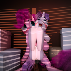 Size: 1890x1890 | Tagged: explicit, artist:ooredelen, pinkie pie, sweetie belle, 3d, age difference, anal insertion, bedroom eyes, blender, blender cycles, blushing, blushing profusely, box, boxes, closet, drool, drool string, duo, duo female, earth pony, female, filly, foal, foalcon, g4, hair, holding, horn, imported from derpibooru, insertion, legs in air, legs raised, mare, mare on filly, nudity, open mouth, pony, pony on pony action, puddle, sex, sex toy, ship:sweetiepie, strapon, tail, tongue out, unicorn, vulva, wet