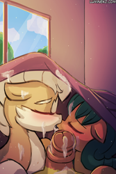 Size: 750x1125 | Tagged: explicit, artist:lumineko, oc, oc:jade bangs, oc:ruby rustfeather, oc:tinkerwing, bedroom eyes, bedsheets, bisexual, blowjob, blushing, covered in cum, cum, double blowjob, drool, father and child, father and daughter, female, ffm threesome, foalcon, group sex, horsecock, imported from derpibooru, incest, kissing, lesbian, male, male pov, mother and child, mother and daughter, multiple blowjob, nudity, oc only, offscreen character, oral, part of a set, penis, pony, pov, sex, smiling, snowballing, straight, threesome, tinkerfeather, under the covers