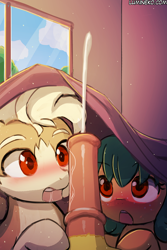Size: 750x1125 | Tagged: explicit, artist:lumineko, oc, oc:jade bangs, oc:ruby rustfeather, oc:tinkerwing, bedroom eyes, bedsheets, blowjob, blushing, cum, double blowjob, drool, father and child, father and daughter, female, ffm threesome, foalcon, group sex, horsecock, imported from derpibooru, incest, male, male pov, mother and child, mother and daughter, multiple blowjob, nudity, offscreen character, oral, orgasm, part of a set, penis, pony, pov, sex, surprised, threesome, tinkerfeather, under the covers, wide eyes