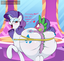Size: 2000x1912 | Tagged: explicit, artist:digitaldomain123, rarity, spike, age difference, barely concealed sex, bondage, butt, dialogue, dragon, fat, female, foalcon, full body hotdogging, g4, heart eyes, imported from derpibooru, interspecies, looking back, magical bondage, male, mare, measuring tape, plot, pony, rearity, ship:sparity, shipping, squishy, straight, straight shota, the ass was fat, unicorn, wingding eyes