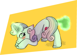 Size: 1523x1086 | Tagged: explicit, artist:ponykittenboi, sweetie belle, ass up, cum, dildo, dripping, face down ass up, female, filly, foal, foalcon, g4, imported from derpibooru, magic, magic penis, masturbation, misleading thumbnail, penis, pony, sex toy, solo, vaginal monsoon, vaginal secretions, wet