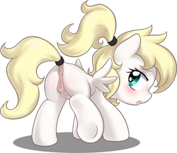 Size: 1673x1455 | Tagged: explicit, artist:pestil, oc, oc:luftkrieg, anatomically correct, anus, blushing, butt, clitoris, crotchboobs, delicious flat crotch, female, filly, foal, foalcon, imported from derpibooru, looking back, nipples, nudity, oc only, pegasus, plot, ponut, pony, ponytail, presenting, simple background, solo, solo female, tail wrap, teats, transparent background, underhoof, vaginal secretions, vulva, vulvar winking
