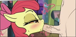 Size: 562x272 | Tagged: explicit, artist:coinpo, apple bloom, alternate version, blowjob, blushing, bow, cropped, edit, female, filly, foal, foalcon, g4, heart, human, human male, human male on filly, human on filly, human on pony action, imported from derpibooru, interspecies, lidded eyes, male, nudity, oral, penis, pony, soft color, straight