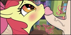 Size: 600x297 | Tagged: explicit, artist:coinpo, apple bloom, blowjob, blushing, bow, cock kissing, cropped, edit, female, filly, foal, foalcon, g4, heart, heart eyes, human, human male, human male on filly, human on filly, human on pony action, imported from derpibooru, interspecies, male, nudity, oral, penis, pony, soft color, straight, wingding eyes