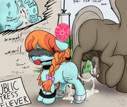 Size: 4500x3800 | Tagged: explicit, grimdark, artist:littlenaughtypony, oc, oc:river lily, aftersex, age difference, alternate version, an egg being attacked by sperm, anal creampie, anatomically correct, anus, ballgag, balls, blindfold, body writing, bondage, bound legs, bow, braided pigtails, braided tail, creampie, crying, cum, cum inflation, cum string, drool, drool string, egg cell, exhibitionism, female, fetish, filly, foal, foalcon, gag, horsecock, imported from derpibooru, impregnation, inflation, male, nudity, oc only, one after another, penetration, penis, pony, public use, rape, rope, sex, sobbing, spermatozoon, spreader bar, stallion, stallion on filly, straight, tears of pain, teary eyes, unwanted cumshot, unwanted impregnation, vaginal, vaginal creampie, vulva, whining