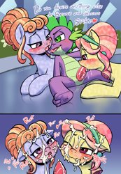 Size: 1492x2158 | Tagged: explicit, artist:soulcentinel, spike, 2 panel comic, age difference, amber laurel, baby dragon on mare, blowjob, blushing, cock worship, comic, commission, crystal pony, cum, cum in mane, cum in mouth, cum on hair, dragon, drool, drool string, earth pony, facial, female, foalcon, french kiss, g4, genital slit, groupies, imported from derpibooru, kissing, licking, licking cock, male, nudity, oral, penis, pony, ruby love, scarlet heart, sex, ship:amberspike, ship:scarletspike, shipping, spike gets all the mares, spike the brave and glorious, straight, tapered penis, tongue out, tongue play