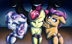Size: 2800x1700 | Tagged: grimdark, questionable, artist:elmutanto, apple bloom, scootaloo, sweetie belle, ambiguous penetration, bound, crying, cutie mark crusaders, faceless male, foalcon, from behind, g4, imported from derpibooru, male, obscured penetration, offscreen character, pegasus, pony, rape, sex, shackles, softcore, unicorn