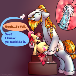 Size: 3000x3000 | Tagged: explicit, artist:cornelia_nelson, apple bloom, age difference, big dom small sub, cervical penetration, comic, cum, cum belly, cum in uterus, cum inflation, cumming, dialogue, earth pony, female, filly, foal, foalcon, g4, high res, imported from derpibooru, inflation, internal cumshot, male, pony, rockbloom, rockhoof, sex, size difference, stallion, stallion on filly, straight, text, uterus, x-ray
