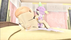 Size: 1024x575 | Tagged: explicit, artist:undeadponysoldier, spike, oc, oc:cream heart, 3d, alternate version, bed, canon x oc, cum, dragon, earth pony, eyes open, female, foalcon, followup, g4, gmod, imported from derpibooru, interspecies, male, mare, open mouth, penetration, pony, sex, ship:creamspike, shipping, straight, vaginal