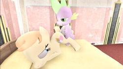 Size: 1024x575 | Tagged: explicit, artist:undeadponysoldier, spike, oc, oc:cream heart, bed, bedroom eyes, canon x oc, doggy style, dragon, earth pony, female, foalcon, followup, from behind, g4, imported from derpibooru, interspecies, male, mare, penetration, pony, sex, ship:creamspike, shipping, straight, vaginal