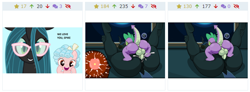 Size: 656x242 | Tagged: explicit, artist:droll3, queen chrysalis, spike, an egg being attacked by sperm, anthro, anthro on dragon action, big breasts, breasts, busty queen chrysalis, changeling, changeling queen, cozy glow, derpibooru, dragon, egg cell, female, foalcon, g4, imported from derpibooru, impregnation, juxtaposition, juxtaposition win, male, mating press, meme, meta, nipples, nudity, pegasus, penetration, penis, plantigrade anthro, pony, sex, ship:chryspike, shipping, smiling, spermatozoon, spike gets all the mares, straight, vaginal