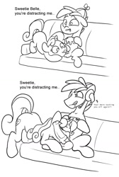 Size: 900x1338 | Tagged: explicit, button mash, sweetie belle, 2 panel comic, age progression, anonymous artist, ass up, balls, blowjob, casual sex, comic, controller, distracted, earth pony, female, foalcon, g4, gamejob, grayscale, headset, imported from derpibooru, lineart, male, monochrome, nudity, older, older button mash, older sweetie belle, oral, penis, pony, sex, ship:sweetiemash, shipping, straight, unicorn