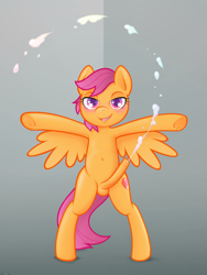 Size: 2400x3200 | Tagged: explicit, artist:darkdoomer, scootaloo, abstract background, balls, bedroom eyes, bipedal, blushing, cum, cumming, foalcon, futa, futa scootaloo, g4, high res, imported from derpibooru, intersex, looking at you, nudity, pegasus, penis, pony, solo, solo futa, spread wings, standing, wingboner, wings