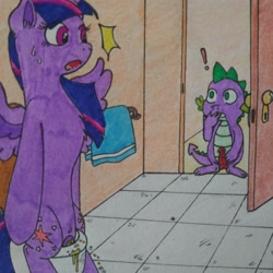 Size: 3000x3000 | Tagged: explicit, artist:leeloo, spike, twilight sparkle, alicorn, but why, commission, dragon, duo, female, foalcon, g4, high res, imported from derpibooru, male, nudity, penis, pissing, pony, surprised, toilet, traditional art, urine, vagina