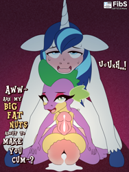 Size: 1620x2160 | Tagged: explicit, artist:fibs, shining armor, spike, ahegao, balljob, balls, big balls, blushing, dragon, femboy, foalcon, g4, gay, horsecock, imminent orgasm, imported from derpibooru, infidelity, male, nudity, open mouth, penis, precum, ship:spikemor, shipping, sort of incest, spikecest, text, tongue out, vulgar