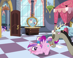Size: 2413x1920 | Tagged: explicit, artist:the smiling pony, twilight sparkle, alicorn, bed, bedroom, blushing, bow, checkered floor, cunnilingus, discord, draconequus, draconequus on pony action, edit, female, filly, filly twilight sparkle, floppy ears, foal, foalcon, from behind, g4, horn, imported from derpibooru, indoors, infidelity, interspecies, male, mare, nudity, open door, open mouth, oral, pony, ponytail, princess cadance, sex, ship:discodance, shipping, show accurate, show accurate porn, softcore, source needed, straight, tail bow, teen princess cadance, teenager, tongue out, unicorn, vaginal secretions, voyeurism, window, wings, younger