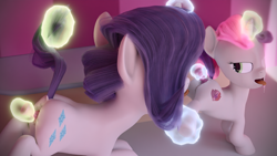 Size: 1440x810 | Tagged: explicit, artist:ooredelen, rarity, sweetie belle, 3d, age difference, anal insertion, assisted masturbation, bedroom eyes, belle sisters, blender, blender cycles, dildo, dock, duo, duo female, female, females only, filly, foal, foalcon, g4, hair, imported from derpibooru, incest, indoors, insertion, lesbian, looking back, magic, magic aura, mare, mare on filly, mutual masturbation, nudity, pony, raised tail, raricest, sex toy, ship:raribelle, shipping, tail, tongue out, unicorn, vaginal insertion, vulva