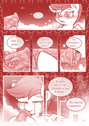 Size: 800x1131 | Tagged: explicit, artist:vavacung, oc, oc:filly fooling, comic:filly fooling, ..., blushing, bow, canon x oc, clothes, cloud, colt, comic, crossdressing, dialogue, duo, female, femboy, filly, foal, foalcon, g4, hair bow, horsecock, imported from derpibooru, licking, licking cock, male, monochrome, nudity, oc x oc, oral, orientation play, pegasus, penis, pony, rumble, sex, shipping, sky, speech bubble, straight, teary eyes, teenager, tomboy, tongue out