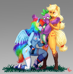 Size: 1180x1192 | Tagged: explicit, artist:lui-ra, applejack, rainbow dash, spike, age difference, anthro, anthro dragon, areola, bedroom eyes, belly button, bisexual, blowjob, blushing, boots, breasts, clothes, converse, dragon, dragon dick, dragonbutt, earth pony, feet, female, female on male, femdom, ffm threesome, fingering, foalcon, full nelson, g4, group sex, holding a dragon, holding a spike, imminent sex, imported from derpibooru, kneeling, legwear, lesbian, male, masturbation, multicolored hair, nipples, nudity, oral, partial nudity, pegasus, penis, plantigrade anthro, polyamory, pubic hair, sex, ship:appledash, ship:applespike, ship:applespikedash, ship:rainbowspike, shipping, shoes, shoes only, socks, spike gets all the mares, stockings, straight, straight shota, submissive, thigh highs, thighs, threesome, trio, vagina, vaginal secretions, vulva, wingless spike, wings
