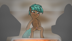 Size: 3840x2160 | Tagged: explicit, artist:daviscollus, fanfic:spur of the moment, anus, blushing, exhibitionism, fanfic art, female, filly, foal, foalcon, g4, high res, imported from derpibooru, nudity, sauna, showing off, shy, sitting, solo, solo female, spread legs, spreading, spur, steam, story included, sweat, vagina, vulva, wet, wet mane