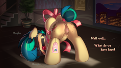 Size: 7560x4252 | Tagged: explicit, artist:pestil, oc, oc:apogee, anatomically correct, anus, arm behind back, ass up, ballgag, blindfold, blushing, bondage, butt, butt freckles, clitoris, crotchboobs, derpibooru exclusive, dock, drool, face down ass up, female, femsub, filly, foal, foalcon, freckles, gag, gift wrapped, happy birthday, hapvw mnulh milnum nim, implied incest, implied oc:jet stream, imported from derpibooru, incest, muffled moaning, nipples, nudity, oc only, offscreen character, pegasus, plot, ponut, pony, presenting, ribbon, submissive, tail, tail bun, tail wrap, teats, underhoof, vagina, vaginal secretions, vulva, vulvar winking