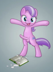 Size: 2000x2667 | Tagged: explicit, artist:darkdoomer, diamond tiara, armpits, balls, belly button, blasphemy, book, cum, cum in book, earth pony, foalcon, futa, futa diamond tiara, g4, high res, imported from derpibooru, intersex, islam, missing accessory, nudity, penis, pony, qur'an, simple background, smiling, solo, standing, wat, wtf