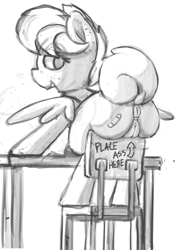Size: 1668x2388 | Tagged: explicit, artist:php106, oc, oc:apogee, anus, band-aid, bedroom eyes, butt, classroom, clothes, desk, female, filly, foal, foalcon, imported from derpibooru, monochrome, nudity, oc only, plot, presenting, schoolgirl, vulva