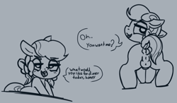 Size: 1882x1101 | Tagged: explicit, artist:ratiodaze, oc, oc:lavender frills, anus, balls, bedroom eyes, blushing, bow, colt, dialogue, foal, foalcon, imported from derpibooru, looking at you, looking back, looking back at you, male, monochrome, nudity, oc only, pony, solo, solo male