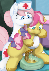 Size: 1489x2160 | Tagged: explicit, grotesque, artist:not_texmex, age difference, alternate version, anatomically correct, anus, bed pan, bow, butt grab, butt touch, clitoris, constipated, dark genitals, derpibooru exclusive, ear fluff, female, fetish, filly, foal, foalcon, g4, grope, hair bow, imported from derpibooru, kettle corn, kettleheart, lesbian, mare, mare on filly, medical, nudity, nurse, nurse redheart, pissing, ponut, pony, poop, pooping, scat, squatting, tail bow, unshorn fetlocks, urine, vulva, watersports