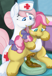 Size: 1489x2160 | Tagged: explicit, grotesque, artist:not_texmex, age difference, alternate version, anatomically correct, anus, bed pan, bow, butt grab, butt touch, clitoris, constipated, dark genitals, derpibooru exclusive, ear fluff, earth pony, female, fetish, filly, foal, foalcon, g4, grope, hair bow, imported from derpibooru, kettle corn, kettleheart, lesbian, mare, mare on filly, medical, nudity, nurse, nurse redheart, ponut, pony, poop, pooping, scat, squatting, tail bow, unshorn fetlocks, vulva