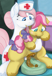 Size: 1489x2160 | Tagged: explicit, grotesque, artist:not_texmex, age difference, alternate version, anatomically correct, anus, bed pan, bow, butt grab, butt touch, clitoris, constipated, dark genitals, derpibooru exclusive, ear fluff, earth pony, female, fetish, filly, foal, foalcon, g4, grope, hair bow, imported from derpibooru, kettle corn, kettleheart, lesbian, mare, mare on filly, medical, nudity, nurse, nurse redheart, ponut, pony, poop, pooping, scat, squatting, tail bow, unshorn fetlocks, vulva