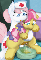 Size: 1489x2160 | Tagged: explicit, artist:not_texmex, age difference, anatomically correct, anus, assisted peeing, bed pan, bow, butt grab, butt touch, clitoris, dark genitals, derpibooru exclusive, ear fluff, earth pony, female, fetish, filly, foal, foalcon, g4, grope, hair bow, imported from derpibooru, kettle corn, kettleheart, lesbian, mare, mare on filly, medical, nudity, nurse, nurse redheart, pissing, ponut, pony, squatting, tail bow, unshorn fetlocks, urine, vulva, watersports