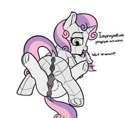 Size: 1382x1310 | Tagged: explicit, artist:cutelewds, sweetie belle, anatomically correct, anus, artificial insemination, blushing, butt, crotchboobs, dark genitals, dock, duo, duo female, female, filly, foal, foalcon, frog (hoof), g4, imported from derpibooru, impregnation, lesbian, looking back, nipples, nudity, plot, ponut, pony, robot, robot pony, self paradox, self ponidox, selfcest, sex toy, sexy, shipping, simple background, sweetie bot, this will end in pregnancy, transparent background, underhoof, unicorn, vulva