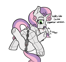 Size: 1382x1310 | Tagged: explicit, artist:cutelewds, sweetie belle, anatomically correct, anus, blushing, butt, clitoral stimulation, crotchboobs, dark genitals, dock, duo, duo female, eyes closed, female, filly, foal, foalcon, frog (hoof), g4, imported from derpibooru, lesbian, looking back, nipples, nudity, plot, ponut, pony, robot, robot pony, self paradox, self ponidox, selfcest, sex toy, sexy, shipping, simple background, sweetie bot, transparent background, underhoof, vibrator, vulva