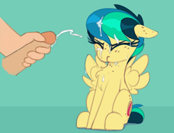 Size: 1069x820 | Tagged: explicit, artist:shinodage, oc, oc:apogee, apogee getting sprayed, chest fluff, cum, cum edit, cum on body, cum on chest, cum on hair, cumming, disembodied hand, disembodied penis, edit, facial, female, filly, flat colors, foal, foalcon, green background, hand, human, human male, human male on filly, human on pony action, human penis, imported from derpibooru, interspecies, male, nudity, offscreen character, penis, pony, simple background, soft color, straight