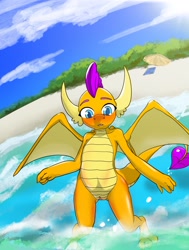 Size: 2180x2890 | Tagged: explicit, artist:stardust-pony, beach, casual nudity, dragon, dragoness, embarrassed, female, foalcon, g4, high res, imported from derpibooru, no breasts, nudity, presenting, presenting pussy, skinny dipping, smolder, vulva