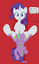Size: 5500x9000 | Tagged: questionable, artist:poniidesu, rarity, spike, age difference, alternate version, bed, cuckold, cuckolding, cunnilingus, darling, dragon, drawthread, duo, duo male and female, eyeshadow, female, foalcon, g4, happy sex, implied anon, imported from derpibooru, makeup, male, oral, pony, sex, ship:sparity, shipping, softcore, speech, straight, text, tilde, underhoof, unicorn