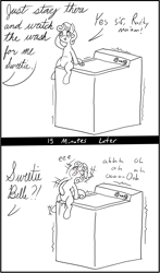 Size: 557x945 | Tagged: explicit, artist:happy harvey, sweetie belle, accidental masturbation, ahegao, arched back, blank flank, blushing, caught, comic, cursive writing, dialogue, ear blush, female, filly, floppy ears, fluids, foal, foalcon, g4, head back, hooves, horn, implied rarity, imported from derpibooru, masturbation, monochrome, nudity, open mouth, partial color, phone drawing, pony, poor decision, salute, sitting, straddling, surprised, tongue out, unconventional vibrator, unicorn, vaginal secretions, vulva, vulva blush, washing machine