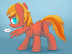Size: 2000x1500 | Tagged: explicit, artist:unsavorydom, oc, oc:compu, anus, butt, clitoris, female, filly, foal, foalcon, glowing eyes, imported from derpibooru, looking back, nudity, oc only, pegasus, plot, ponut, pony, presenting, robot, robot pony, solo, solo female, speech bubble, spread wings, tongue out, vaginal secretions, vulva, vulvar winking, wings