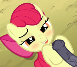 Size: 877x757 | Tagged: explicit, editor:blue-dick-edits, apple bloom, blushing, cropped, earth pony, edit, edited screencap, eyes on the prize, female, female focus, filly, foal, foalcon, g4, horsecock, imported from derpibooru, my little pony: friendship is magic, nudity, offscreen character, penis, pony, screencap, show accurate, show accurate porn, solo focus, somepony to watch over me