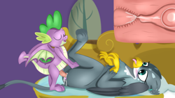 Size: 1280x720 | Tagged: explicit, artist:jbond, spike, an egg being attacked by sperm, blushing, clitoris, creampie, cum, cum in uterus, cumming, dragon, duo, egg cell, eyes closed, female, foalcon, g4, gabby, griffon, imported from derpibooru, impregnation, internal cumshot, lying down, male, nudity, on back, penetration, penis, pillow, sex, ship:spabby, shipping, spermatozoon, spike's room, straight, teenager, this will end in egg laying, this will end in pregnancy, tongue out, uterus, vaginal, winged spike, wings, x-ray