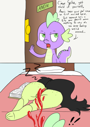 Size: 1000x1414 | Tagged: questionable, artist:happy harvey, spike, oc, oc:filly anon, anonbuse, bed, blood, book, butt, butt freckles, colored, comic, dark genitals, dock, door, doorway, dragon, earth pony, facing away, female, filly, foal, foalcon, freckles, frog (hoof), g4, implied genitalia, implied transformation, implied transgender transformation, imported from derpibooru, male, nosebleed, nudity, onomatopoeia, open door, pillow, plot, pony, sleeping, sound effects, straight, strategically covered, underhoof, zzz