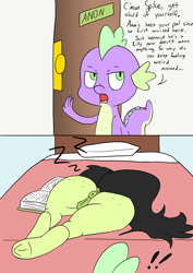 Size: 1000x1414 | Tagged: explicit, artist:happy harvey, spike, oc, oc:filly anon, 2 panel comic, anus, bed, blanket, book, butt, butt freckles, comic, confused, dark genitals, dialogue, dock, door, doorway, dragon, earth pony, exclamation point, facing away, female, filly, foal, foalcon, freckles, frog (hoof), g4, implied transformation, implied transgender transformation, imported from derpibooru, male, nudity, onomatopoeia, open door, pillow, plot, ponut, pony, sleeping, sound effects, straight, underhoof, vulva, zzz