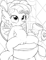 Size: 2550x3300 | Tagged: explicit, artist:tricksta, alternate version, belly, but why, cozy glow, cozybetes, cute, female, filly, foal, foalcon, g4, genitals, high res, human vulva on pony, imported from derpibooru, monochrome, nudity, pegasus, pony, potty time, semi-anthro, sitting, sitting on toilet, solo, solo female, spread legs, spreading, toilet, vulva