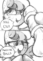 Size: 1668x2388 | Tagged: explicit, artist:php106, oc, oc:apogee, 2 panel comic, balls, blushing, cockpliment, comic, compliment, female, filly, foal, foalcon, hooves, horsecock, imported from derpibooru, meme, nudity, oc only, open mouth, pegasus, penis, pony, spread wings, wings