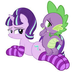 Size: 750x717 | Tagged: questionable, artist:an-tonio, artist:memnoch, artist:slb94, editor:undeadponysoldier, spike, starlight glimmer, age difference, anal, bedroom eyes, clothes, dragon, dragon on pony action, duo, duo male and female, edit, female, foalcon, g4, imported from derpibooru, interspecies, legwear, lying down, male, mare, penetration, pony, sex, ship:sparlight, shipping, simple background, socks, softcore, starlight is a foal fiddler, stockings, straight, striped socks, thigh highs, unicorn, white background, wingless spike