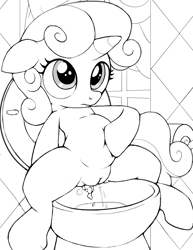 Size: 2550x3300 | Tagged: explicit, grotesque, artist:tricksta, sweetie belle, but why, female, fetish, filly, foal, foalcon, g4, high res, human vulva on pony, imported from derpibooru, monochrome, nudity, pissing, pony, poop, pooping, scat, semi-anthro, sitting on toilet, solo, solo female, toilet, turtleheading, unicorn, urine, vulva, watersports